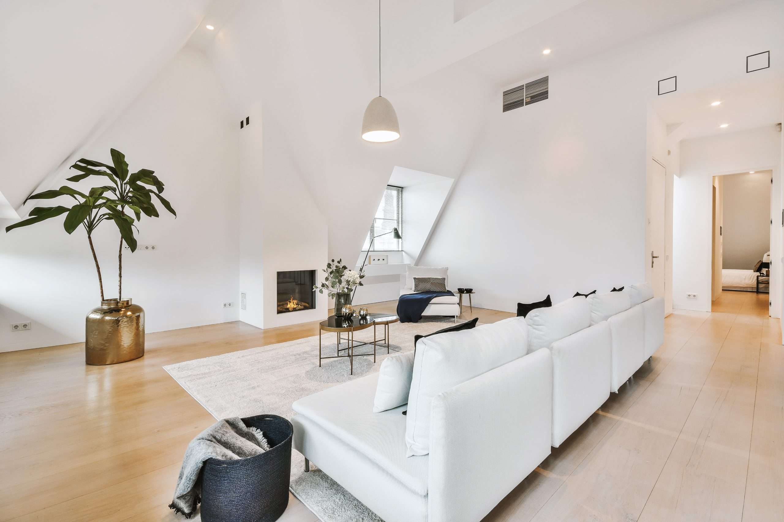 Spacious living room in attic apartment